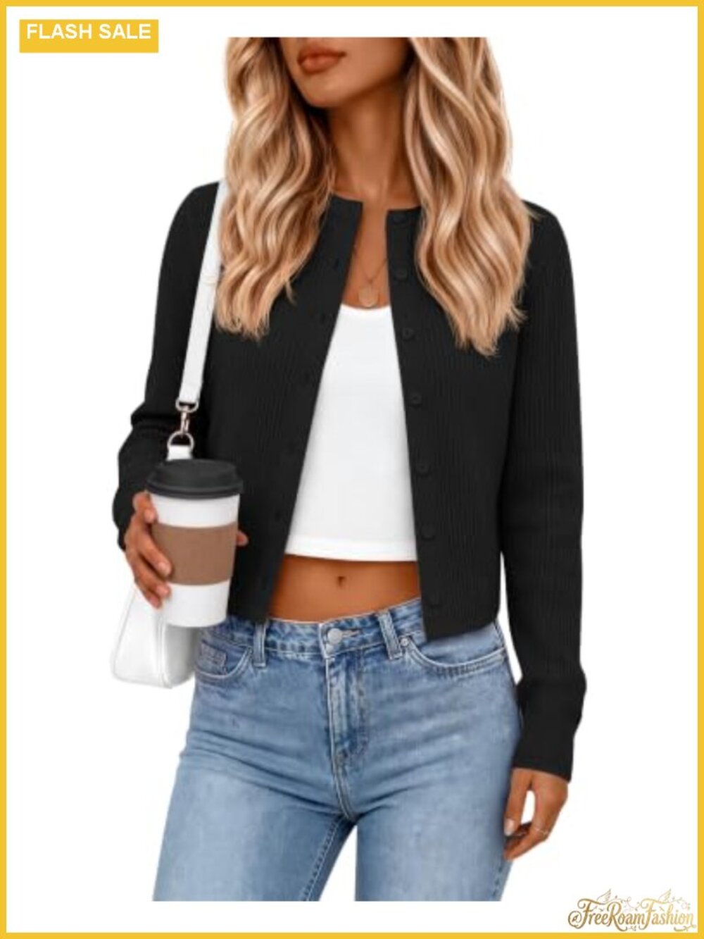 Ribbed Cotton Cropped Cardigan Long Sleeve Button Front Women's Sweater